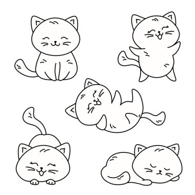 Beyaz arka planda mutlu, sevimli kedi karakterli vektör çizimler. Farklı pozlarda kedi çizgi tasarımı.