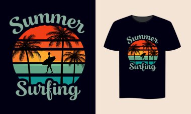 Yaz sörfü tişörtü tasarımı, basım için renkli vektör grafiği, yaz tatili tişört tasarımı illüstrasyonu.