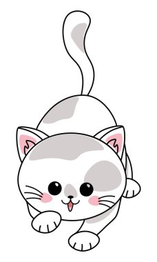 Çizgi film kedisi oyuncu pozda, el çizimi vektör çizimi beyaz arkaplanda izole edilmiş, simge, etiket, dekoratif tasarım unsuru, evcil hayvan konsepti.