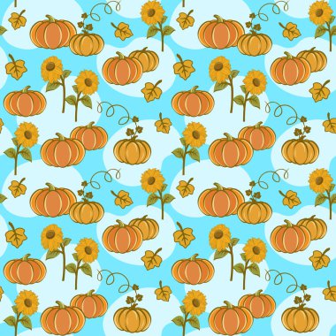 Balkabakları ve ayçiçekleri, dikişsiz vektör deseni, sonbahar hasat ve bahçıvanlık konsepti, dekoratif duvar kağıdı, tekstil baskısı, ambalaj.