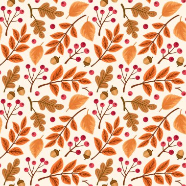 Sonbahar yaprakları, kül dutları ve meşe palamutları, sonbahar yaprakları, dikişsiz vektör deseni, dekoratif duvar kağıdı, tekstil baskısı, ambalaj kağıdı..