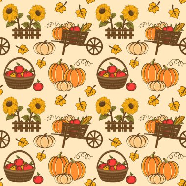 Kabakların kusursuz vektör deseni, sepetteki elmalar, bahçe arabası ve ayçiçekleri, sonbahar sezonu arka planı, dekoratif tekstil baskısı, duvar kağıdı, ambalaj kağıdı..