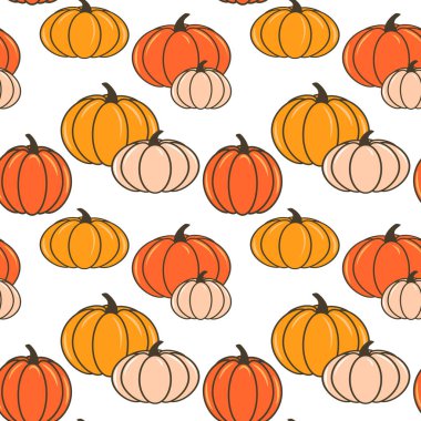 Olgun turuncu ve beyaz balkabakları kusursuz vektör deseni, sonbahar hasat ve Şükran Günü konsepti, dekoratif arka plan, duvar kağıdı, tekstil baskısı, ambalaj.