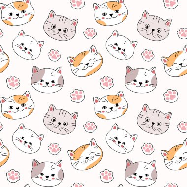 Çizgi filmlerdeki kedi yüzleri ve ayak izleri, çocuk duvar kağıdı tasarımı, tekstil baskısı, ambalaj..