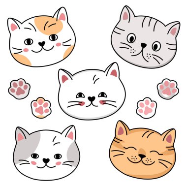 Tasarım için kedi yüzleri ve ayak izleri çizgileri olan karalama simgeleri. Beyaz arkaplanda izole edilmiş komik vektör çizimleri.