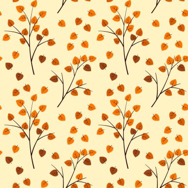 Sonbahar huş yaprağı ve dallarının kusursuz vektör deseni, renkli yaprak dökümü arka plan, dekoratif duvar kağıdı, tekstil baskısı, ambalaj.