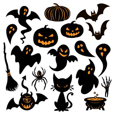 Cadılar Bayramı ikonları, uçan hayaletler, canavarlar, oyulmuş balkabakları, kedi, süpürge, örümcek, kazan, yarasalar. Vektör illüstrasyonu, beyaz arkaplanda izole dekoratif elementler, çıkartmalar.