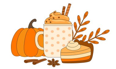 Krem şantili balkabağı aromalı latte ve beyaz arkaplanda izole edilmiş kabak turtası illüstrasyonu, sonbahar aroması konsepti, poster, afiş.