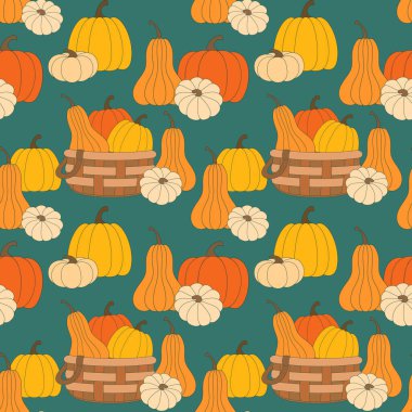 Koyu mavi arka planda sonbahar balkabağı hasadının kusursuz vektör deseni, tekstil baskısı, duvar kağıdı, ambalaj. 