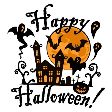 Korku şatosu ve uçan hayaletler olan Cadılar Bayramı kartı, beyaz arka planda vektör çizimi. Cadılar Bayramı posteri, afiş, parti davetiyesi.