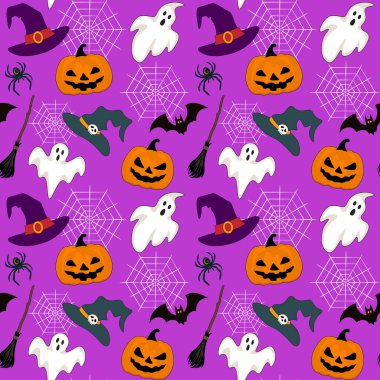 Cadılar Bayramı dekoratif unsurlarının kusursuz vektör deseni, tekstil baskısı, duvar kağıdı, ambalaj ve diğer Cadılar Bayramı dekorasyonları için düz tasarım.