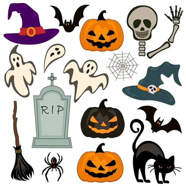 Beyaz arkaplanda kart, pankart, vektör çıkartmaları için Cadılar Bayramı dekoratif öğeleri koleksiyonu.