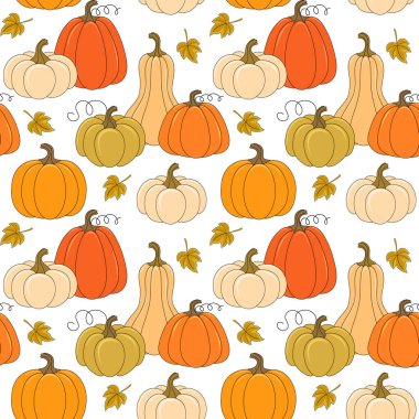 Sonbahar olgunlaşmış balkabaklarının kusursuz vektör deseni ve beyaz arkaplanda sonbahar yaprakları, tekstil baskısı, duvar kağıdı, ambalaj için tasarım. 
