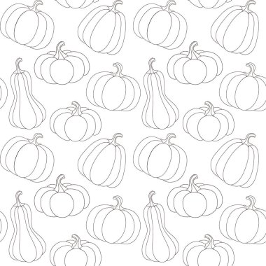 Şeffaf arkaplanda balkabaklarının doğrusal anahatlarıyla kusursuz vektör deseni, tekstil baskısı için tasarım, dekoratif duvar kağıdı, ambalaj kağıdı.