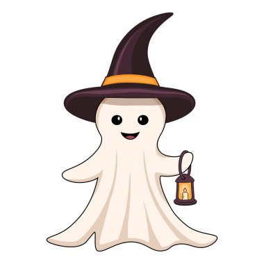 Cadı şapkası illüstrasyonunda feneri olan şirin Cadılar Bayramı hayaleti Cadılar Bayramı partisi için dekoratif unsur, tebrik kartı..