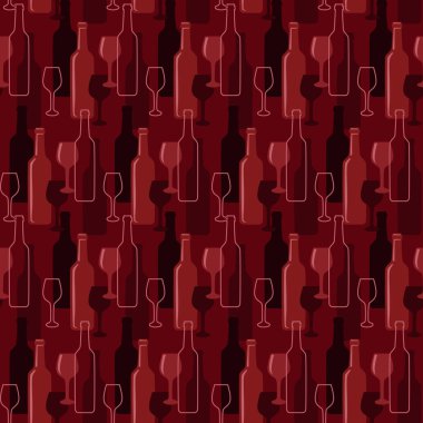 Koyu kırmızı zemin üzerinde şarap kadehleri ve şişelerin kusursuz vektör deseni, tekstil baskısı, duvar kağıdı, ambalaj kağıdı tasarımı.