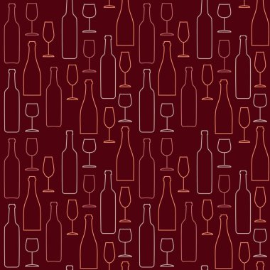 Şarap kadehlerinin ve şişelerin kusursuz çizgileri koyu kırmızı zemin üzerinde, tekstil baskısı için tasarım, duvar kağıdı, ambalaj kağıdı.