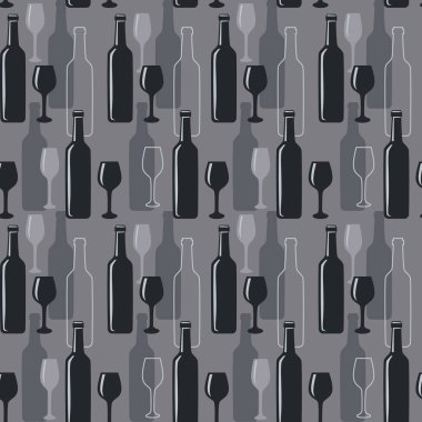 Şarap şişeleri ve şarap kadehleri gri zemin üzerinde tekstil baskısı, duvar kağıdı, ambalaj kağıdı için kusursuz vektör deseni.