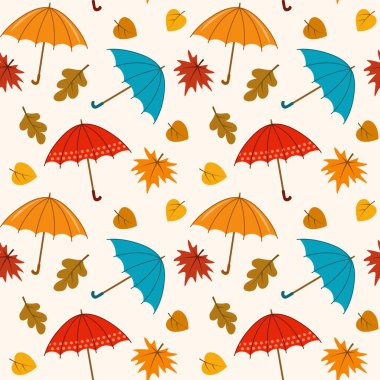 Renkli şemsiyeler ve dökülen yapraklarla sonbahar pürüzsüz deseni. Sonbahar dönemi vektör illüstrasyonu, duvar kağıdı, tekstil baskısı.