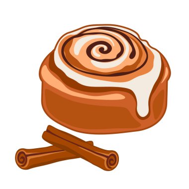 Beyaz arkaplanda izole edilmiş tarçınlı çörek ve tarçın çubukları vektör çizimi.