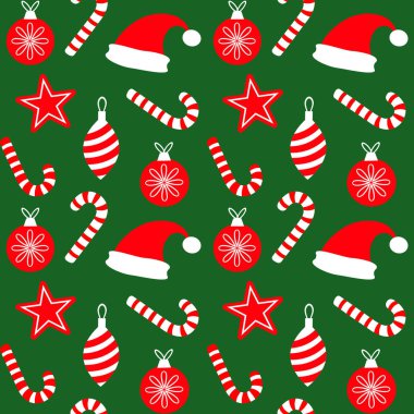 Noel Baba şapkası, şeker kamışı ve Noel ağacı süslemeleri, tekstil baskısı için tasarım, ambalaj kağıdı, dekoratif duvar kağıdı.