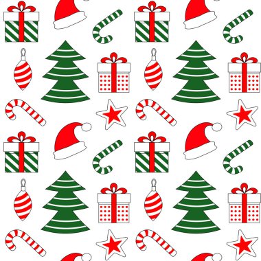 Noel ağacı şekilli dekoratif kusursuz desen, Noel Baba şapkası ve süsleme vektör illüstrasyonu