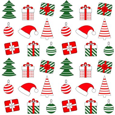 Hediyeler ve Noel süslemeleri vektör illüstrasyonuyla dekoratif kusursuz desen