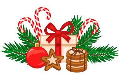 Noel hediyesi olarak köknar dalları, Noel balosu, zencefilli kurabiye. Tebrik kartı ve davet için vektör illüstrasyonu.