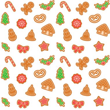 Seamless Christmas pattern with gingerbread cookies on white background, decorative wrapping paper, wallpaper, textile print, vector illustration. clipart