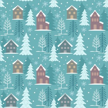 Noel dekorasyonu, duvar kâğıdı tasarımı, ambalaj kağıdı, tekstil baskısı için kışlık evler ve ağaçlarla kusursuz vektör deseni.