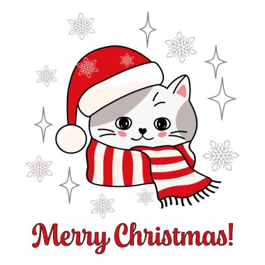 Noel atkısı ve Noel Baba şapkalı şirin kedi yüzü, düz vektör illüstrasyonu, tebrik kartı, kıyafet baskısı..
