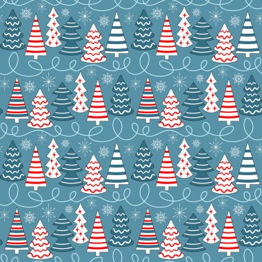 Mavi zemin üzerinde Noel ağaçları ve kar taneleri olan kusursuz vektör deseni, duvar kağıdı, ambalaj kağıdı, tekstil baskısı için tasarım