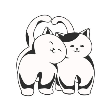 Bir çift şirin siyah beyaz kedi yürüyor ve okşuyor, vektör çizimi.