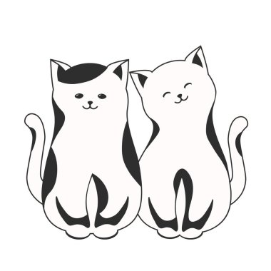 Birkaç sevimli siyah beyaz kedi vektör illüstrasyonunda oturuyor.