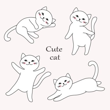 Farklı pozlarda komik beyaz kedi seti, çizim stilinde vektör illüstrasyonu, dekoratif tasarım elemanları, çıkartmalar.