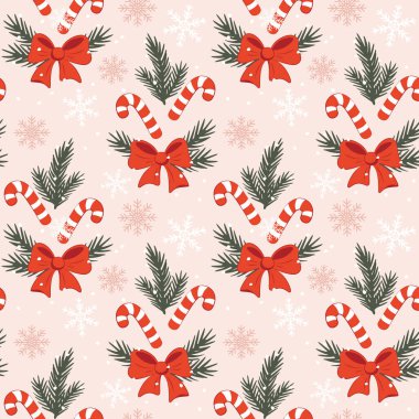 Noel arkaplanı ladin dalları, bağlı yaylar ve şeker kamışları, tekstil baskısı için kusursuz vektör deseni, ambalaj kağıdı, dekoratif duvar kağıdı.