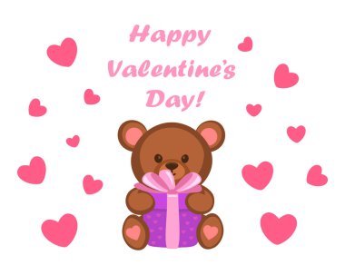 İçinde küçük ayı hediye kutusu olan Sevgililer Günü kartı vektör illüstrasyonu, poster, pankart.