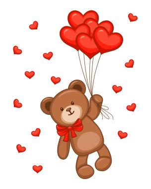 Sevimli sevgililer günü ayıları kalp balonları vektör illüstrasyonu, tebrik kartı, dekorasyon.