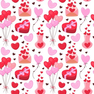 Kalp şeklinde hediye kutusu ve balonlarla romantik aşk deseni. Romantizm ve tutku sembolleri çizilmiş şirin el balonları.