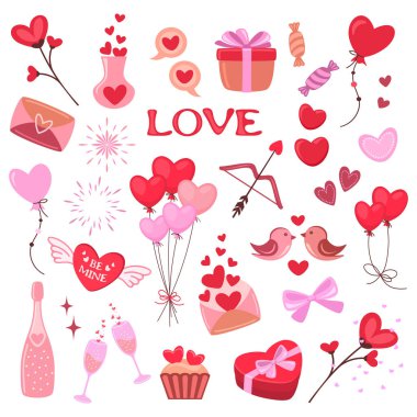Romantik aşk karikatürleri, sevgililer günü öğeleri ve çıkartmaları. Kalp şeklinde balonlar, çiçekler, hediye, kuşlar, köpüklü şarap, Aşk Tanrısı 'nın yayı ve oku ve diğer süslemeler, vektör çizimleri.