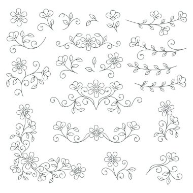 Çiçek satırı çizim elementleri, sınırlar, monogramlar, metin bölücüler, köşe dekorasyonu