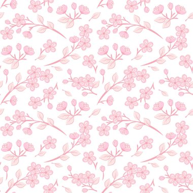 Pembe renklerde kiraz çiçeği desensiz vektör deseni, tekstil baskısı için düz tasarım, duvar kağıdı, ambalaj, dekorasyon.