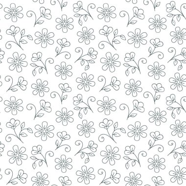 Çizgi çizimleri kusursuz vektör deseni, beyaz arkaplanda tek renkli süs, tekstil baskısı için tasarım, duvar kağıdı, ambalaj