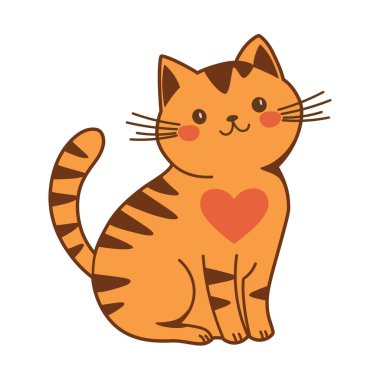 Pembe kalpli şirin turuncu tekir kedi, renkli vektör çizimi, dekoratif klip sanatı, dekor unsuru, çıkartma, maskot şablonu.
