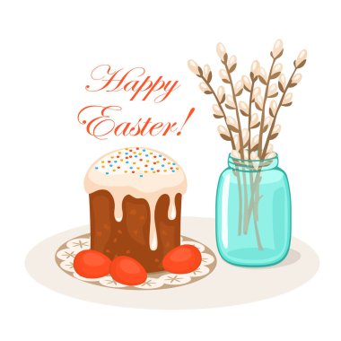 Geleneksel pastayla Ortodoks Paskalya kutlaması, cam kavanoz vektör illüstrasyonunda boyanmış yumurta ve söğüt dalları