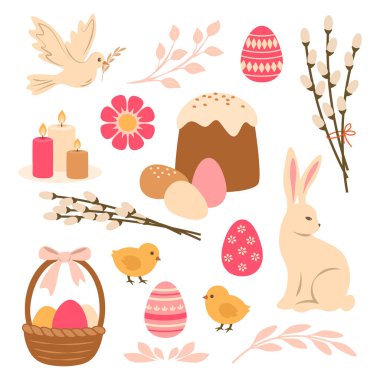 Mutlu Paskalya koleksiyonları, renkli Paskalya yumurtaları, tavşan, pasta, sepet, kuş ve çiçek dekoru ikonları. İlkbahar dini ortodoks renkli eşyalar seti.