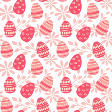 Paskalya yumurtaları ve pembe pastel renklerde çiçeklerle kusursuz vektör arkaplanı. Tatil duvar kağıdı tasarımı, tekstil baskısı, ambalaj