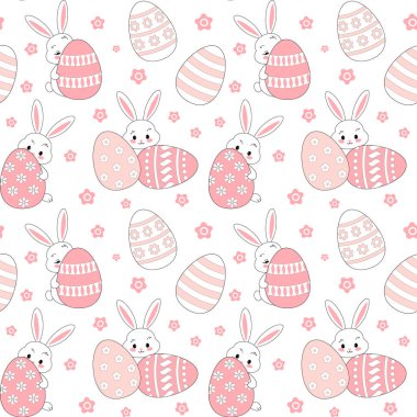Paskalya tavşanları ve dekoratif Paskalya yumurtaları ile kusursuz vektör deseni, pembe pastel renklerle şenlikli arka plan, tekstil için tasarım, duvar kağıdı, ambalaj..