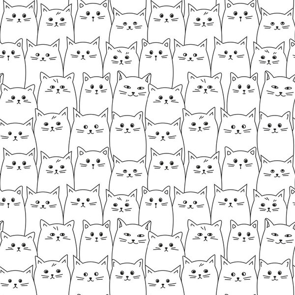 Смешные мультяшные кошки бесшовный векторный рисунок черно-белый эскиз стиль