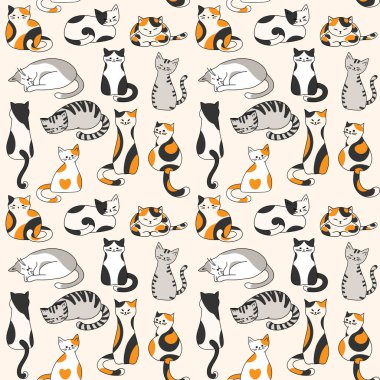 Kedilerle kusursuz vektör deseni, tekstil baskısı için doku, duvar kağıdı, dekor, bej arka planda farklı pozlarda çok renkli çizgi film kedileri..